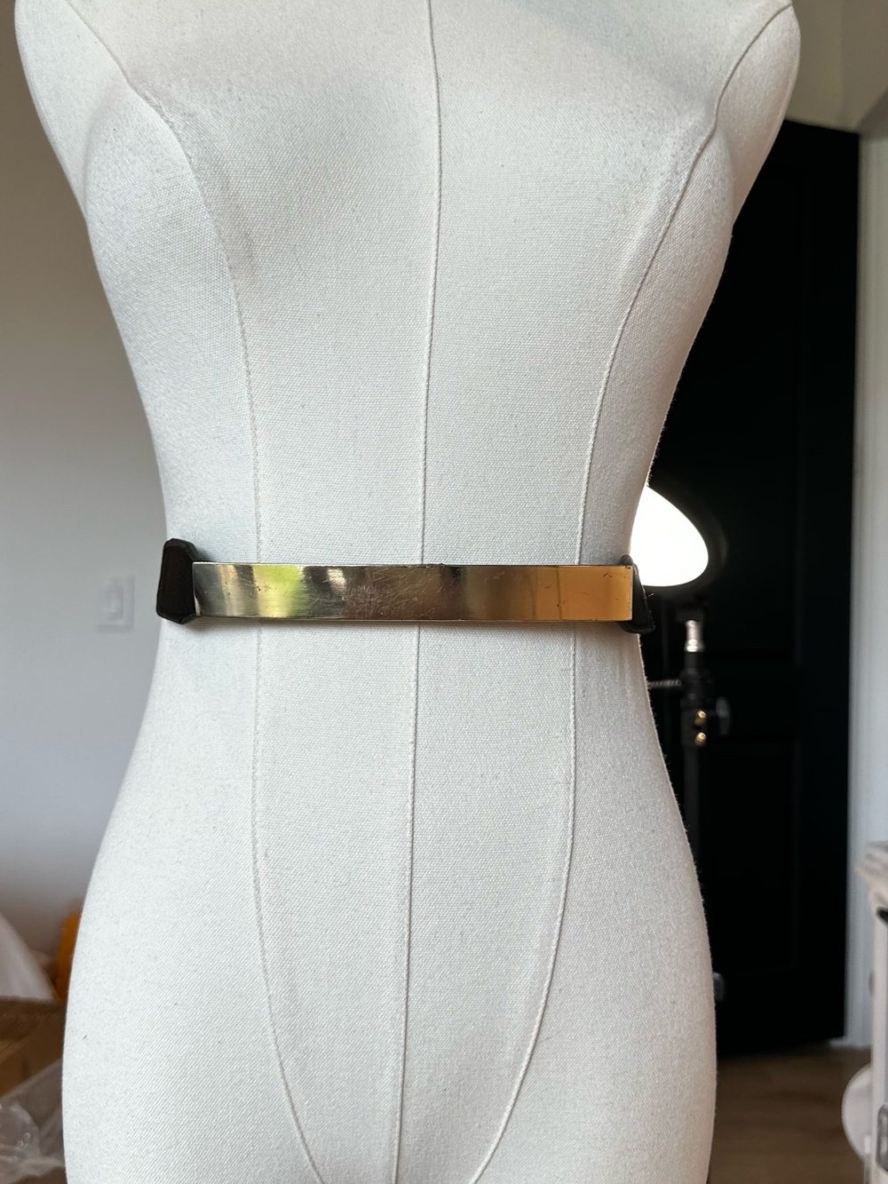 Black Stretch Waist Belt Gold Metal Plate Buckle Small Medium